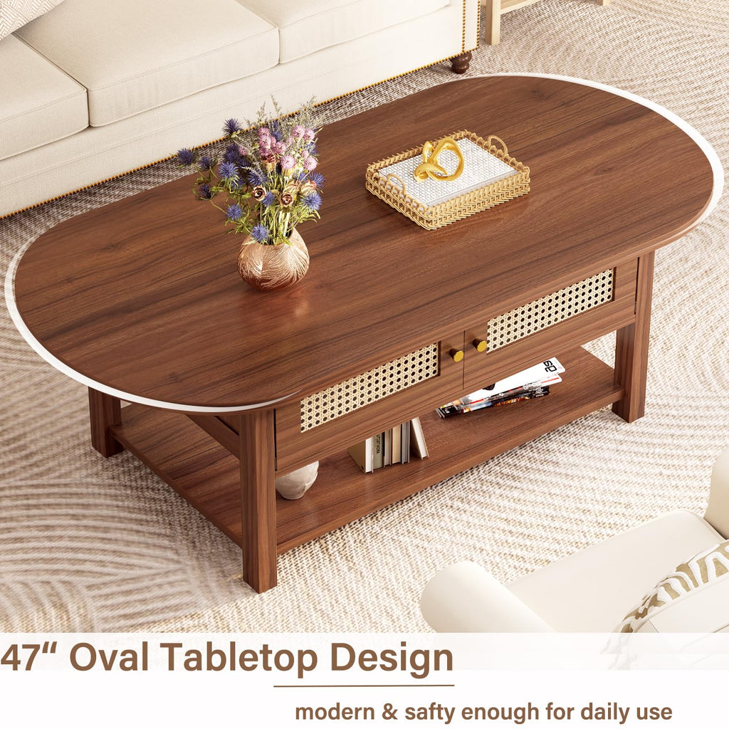 Oval Coffee Table, 47" Rattan Boho Wood Living Room Table with Storage