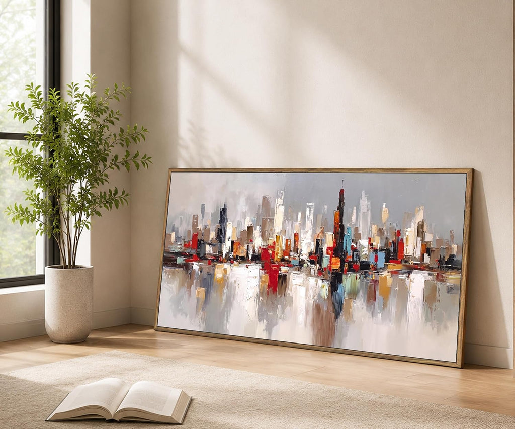 Large Modern Cityscape Wall Art, Framed Abstract Skyline Canvas Artwork, Contemporary Urban Decor Bedroom Office