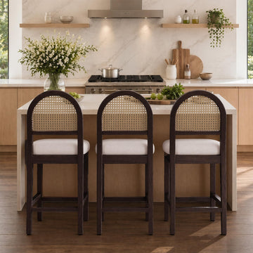 Farmhouse Style Rattan Counter Stools Set of 3, Solid Wood Leg Bar Stools, Comfortable Chenille Upholstered Kitchen