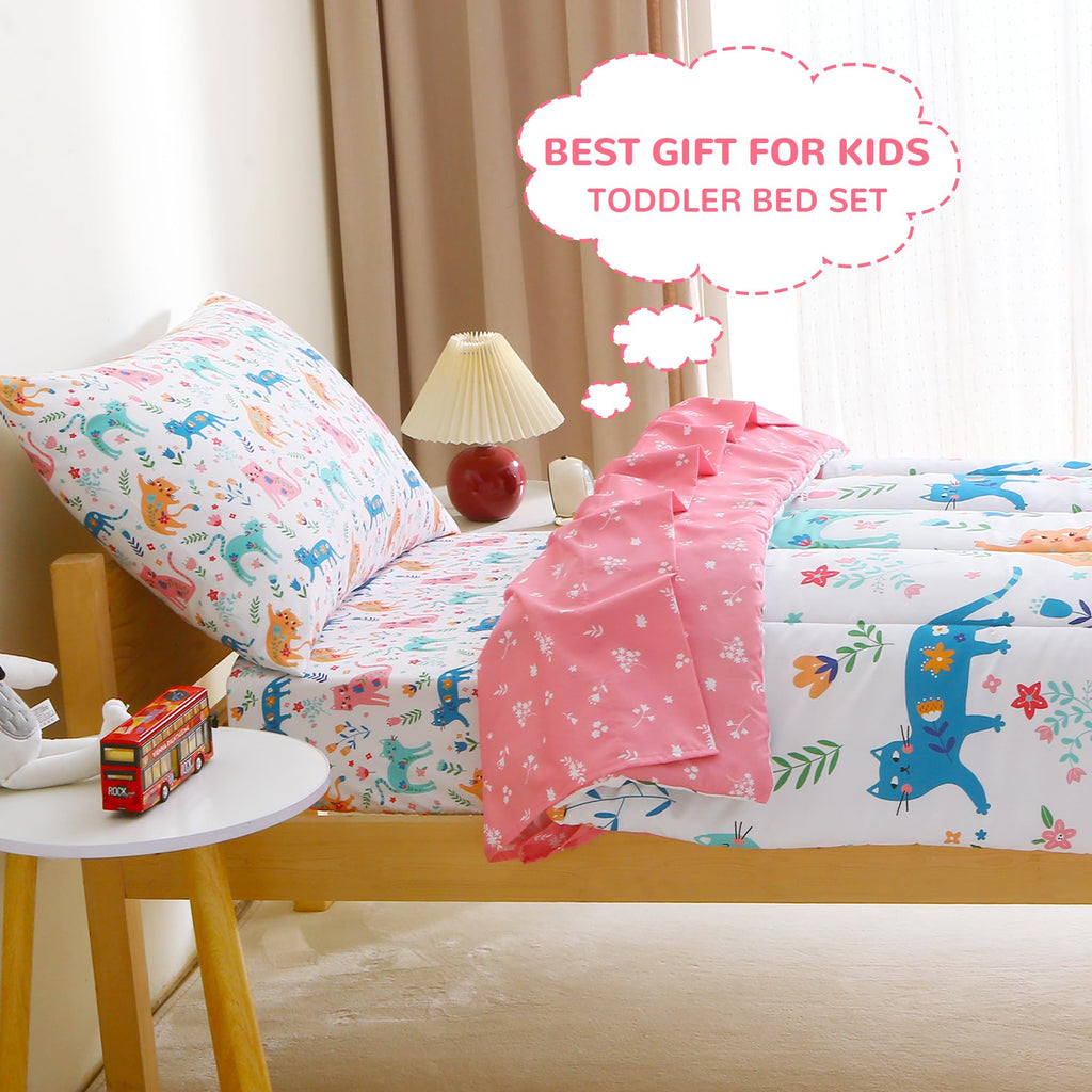 Toddler Bedding Sets for Girls,4 Pieces Floral Cat Printed