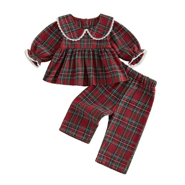 Toddler Girls Plaid Outfit Cute Peter Pan Collar Dress Tops Pants Matching Set Infant Girl Clothes (Red, )