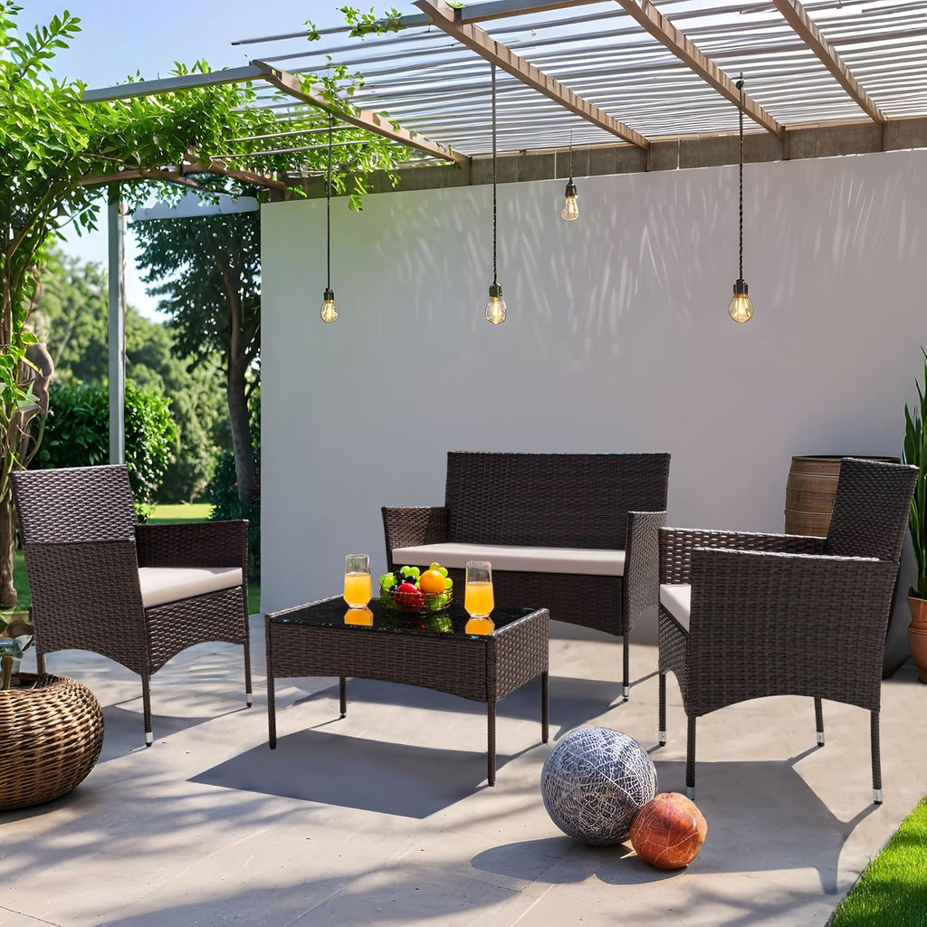 Patio Furniture 4 Pieces Conversation Sets Outdoor Wicker Rattan Chairs Garden Backyard Balcony Porch Poolside