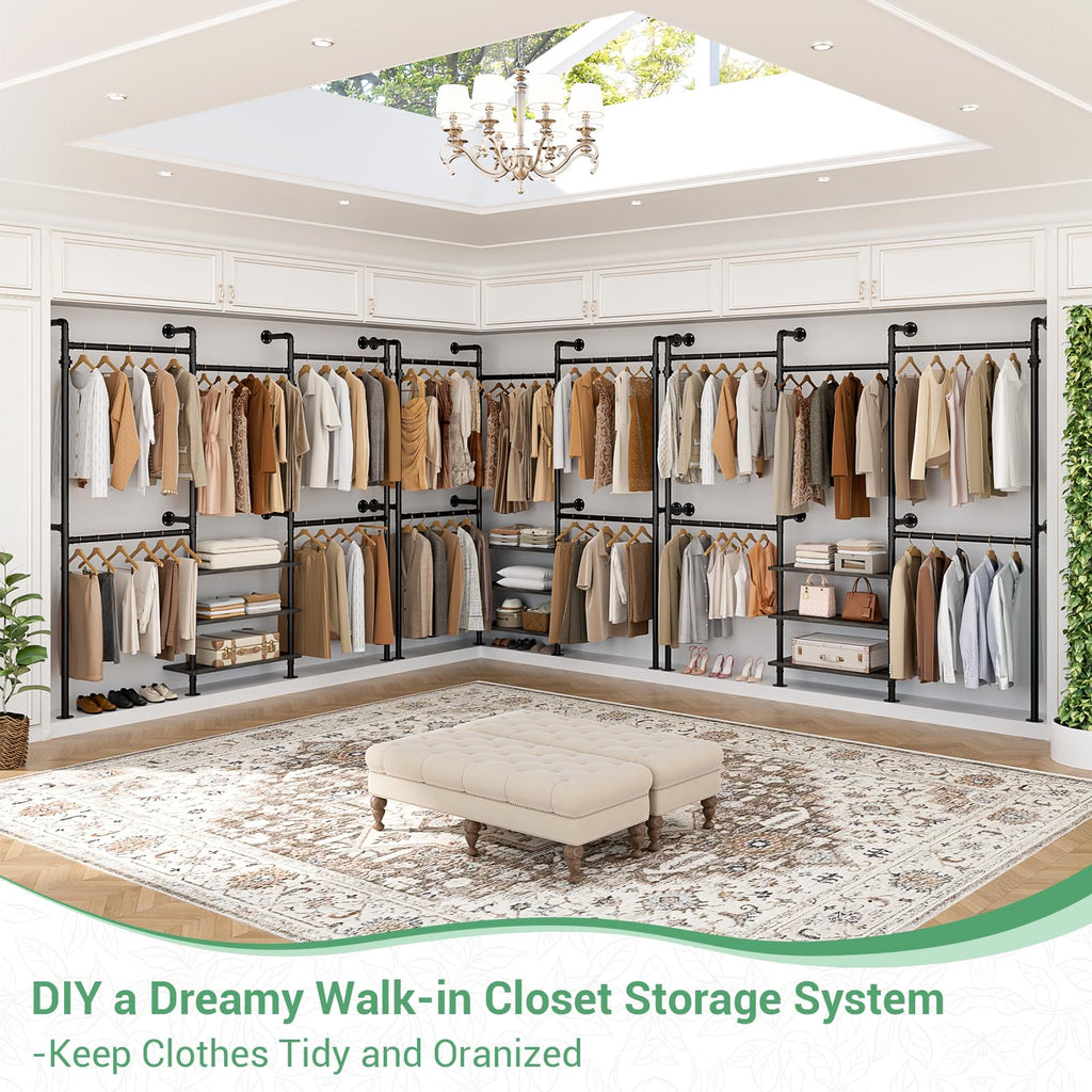 Expandable Industrial Pipe Clothing Rack, 7.3-10.9Ft Closet System