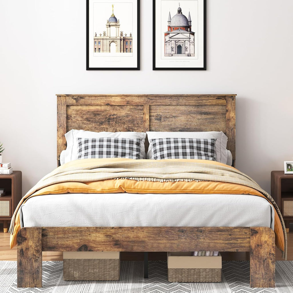 Wood Queen Bed Frame with Headboard, Rustic Farmhouse Platform Bed Frame with 12 Wood Slats Support, No Box Spring