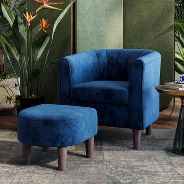 Accent Chair with Ottoman, Modern Barrel Chair Small Armchair Reading Chair with Footrest, Comfy Round Arms Chair