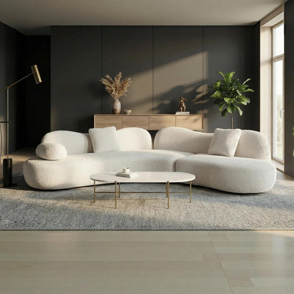 128" Oversized Modern Curved Sectional Sofa, 5-Seater Boucle Couch with 2 Pillows, Modular V-Shaped Sofa with Unique