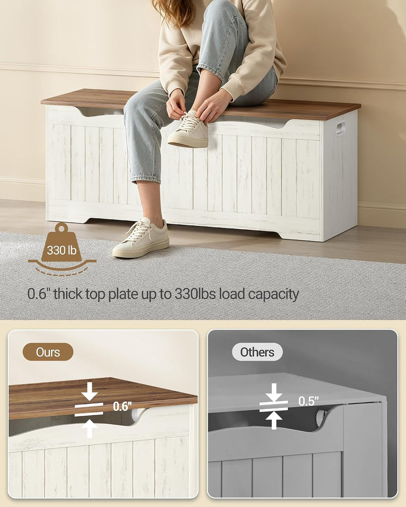 47" Lift Top Storage Bench,225L/59Gal FSC Wood Chest | Retro White | 330lb Seating | Double Hinges | Bedroom Blanket