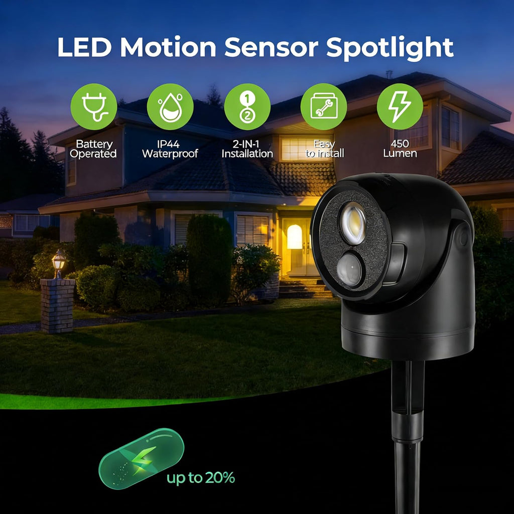 2-in-1 Outdoor Motion Sensor Light, Battery Powered LED Spotlight for Yard Garden Garage, Waterproof Security