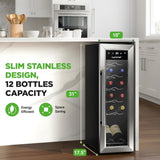 12 Bottle Stainless Steel Slim Wine Fridge | Red & White Wine Chiller | Adjustab