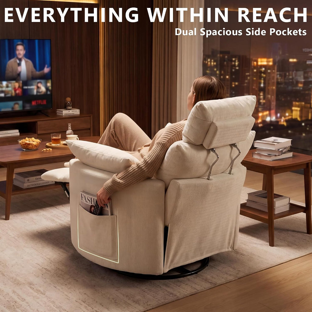 Chenille Nursery Rocking Chairs Recliner, Manual, White | 4" Height and 55° Angle Adjustable Headrest, 360° Silent