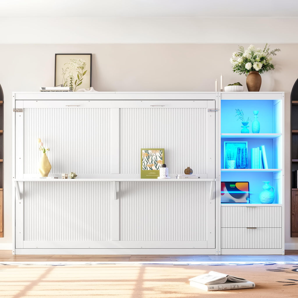 Queen Size Horizontal Murphy Bed with Desk & Side Cabinet, White