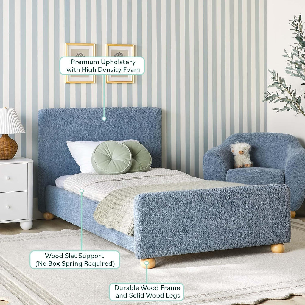 Modern Upholstered Kids Twin Bed Frame with Round Feet, Blue