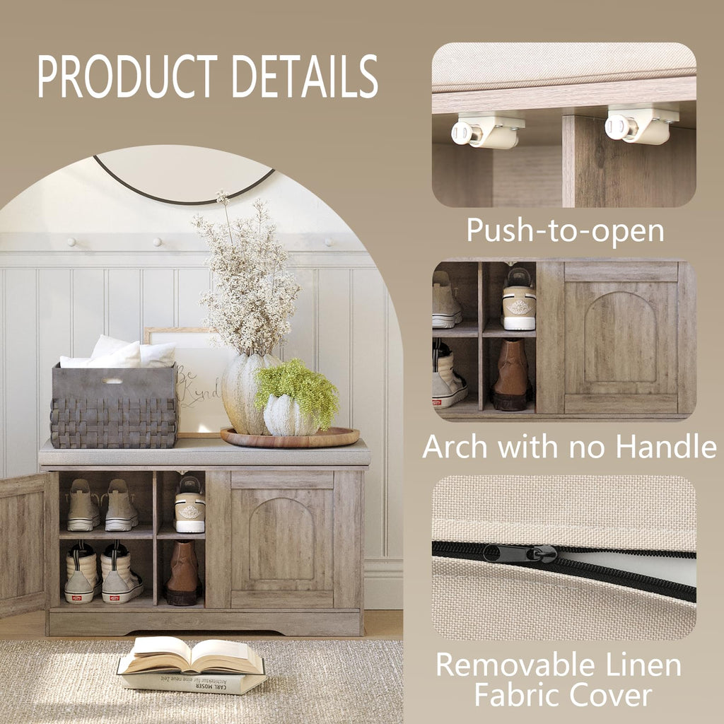 Shoe Storage Bench with Cushion, Door, Greige 31.5" LX17.7 H