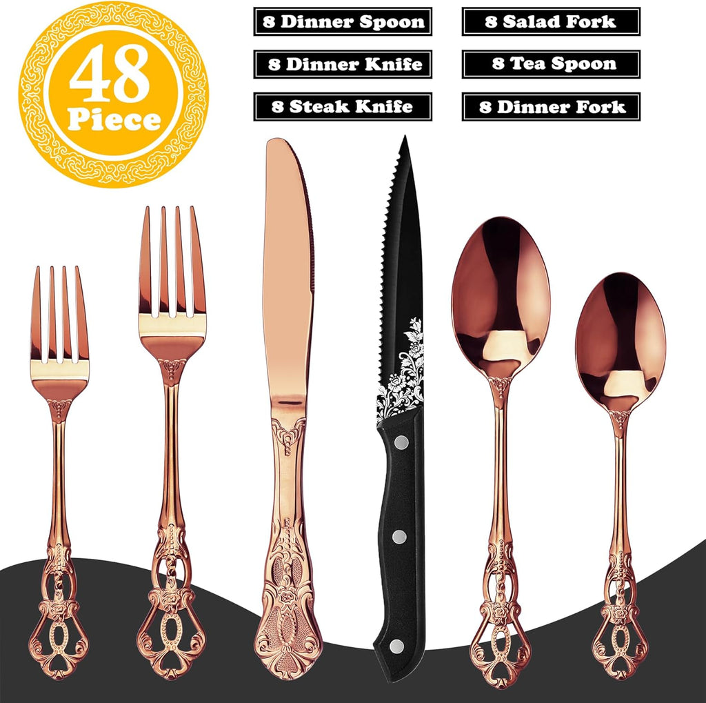 Retro Royal Rose Gold/Copper 48 Pieces Flatware Set, Gorgeous Silverware Set For 8