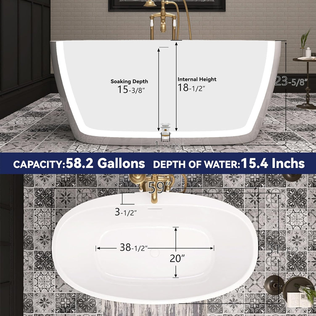 59" Acrylic Free Standing Tub, Stand Alone Tub, Freestanding Bathtub, Soaking Bathtub, cUPC Certified, YL(Glossy White)