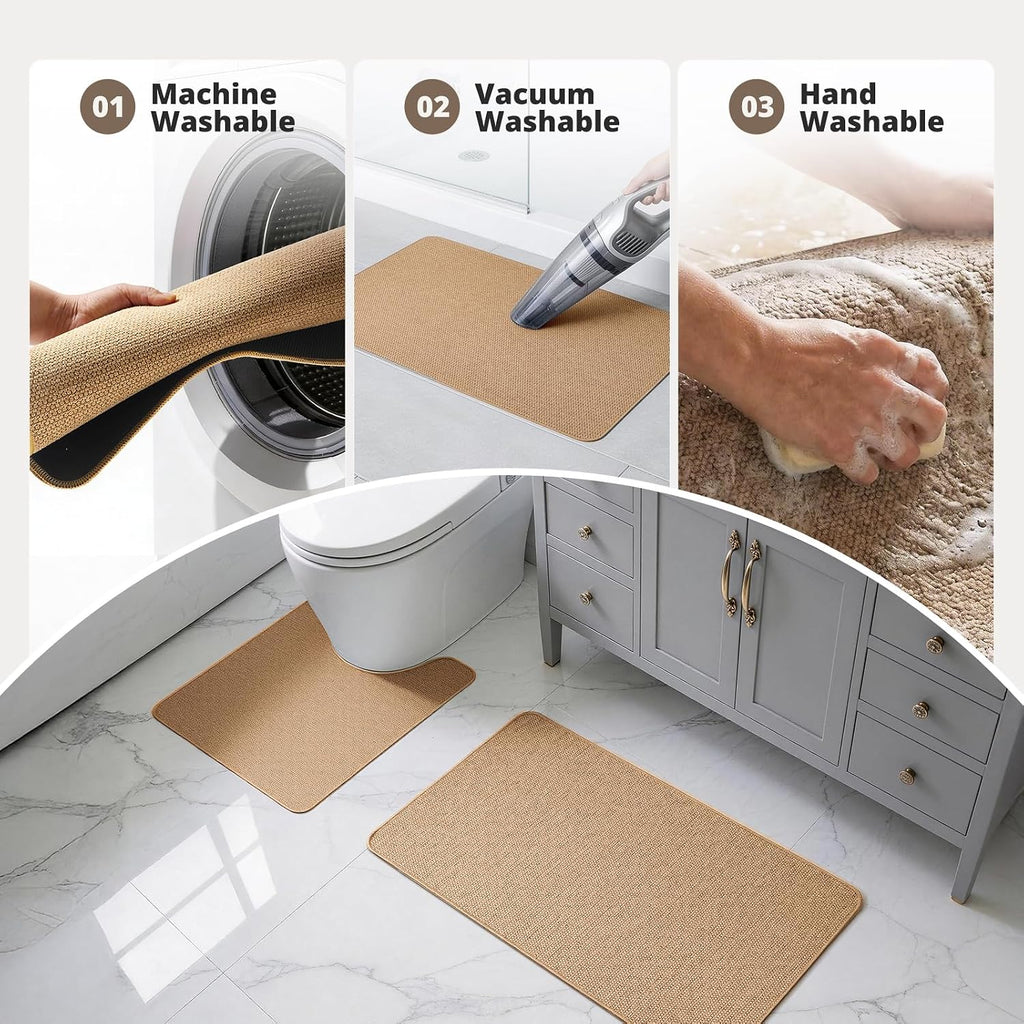 Bathroom Rugs Sets 2 Piece, Thin Bath Mat & U-Shaped Contour Toilet Rug Absorbent Quick Dry, Machine Washable, Non