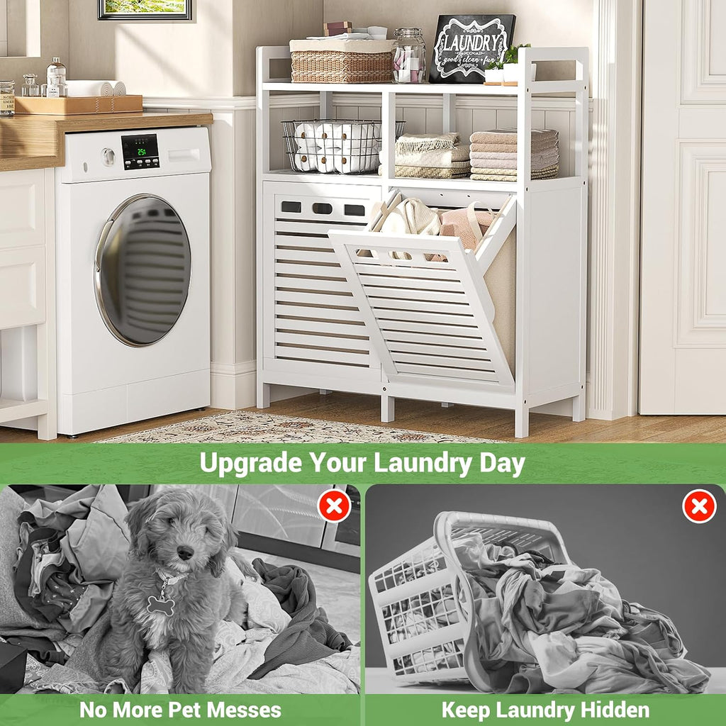 Tilt Out Laundry Hamper Cabinet, Bamboo Double Laundry Hamper with 2 Removable Laundry Baskets, 20 Gal Laundry Sorter