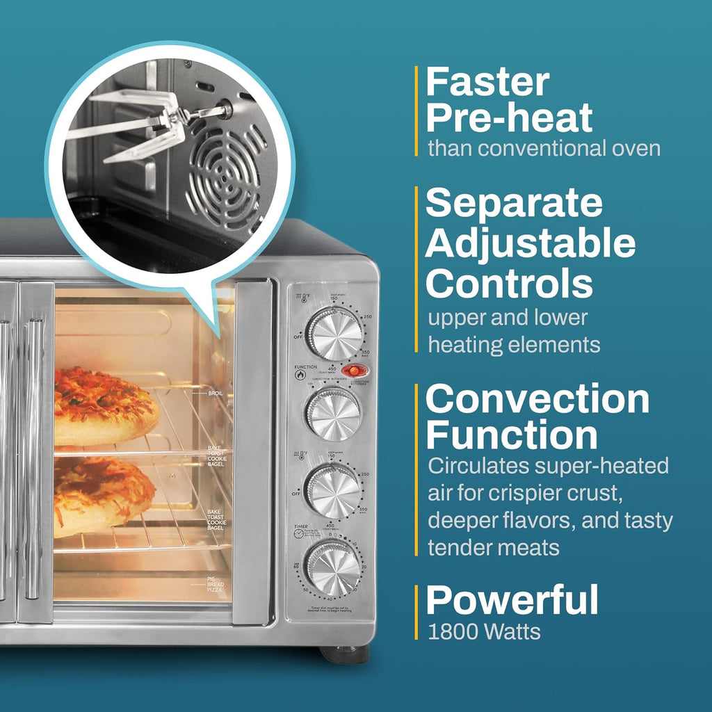 ETO4510MX French Door 47.5Qt, 18-Slice Convection Oven 4-Control Knobs, Bake Broil Toast Rotisserie Keep Warm