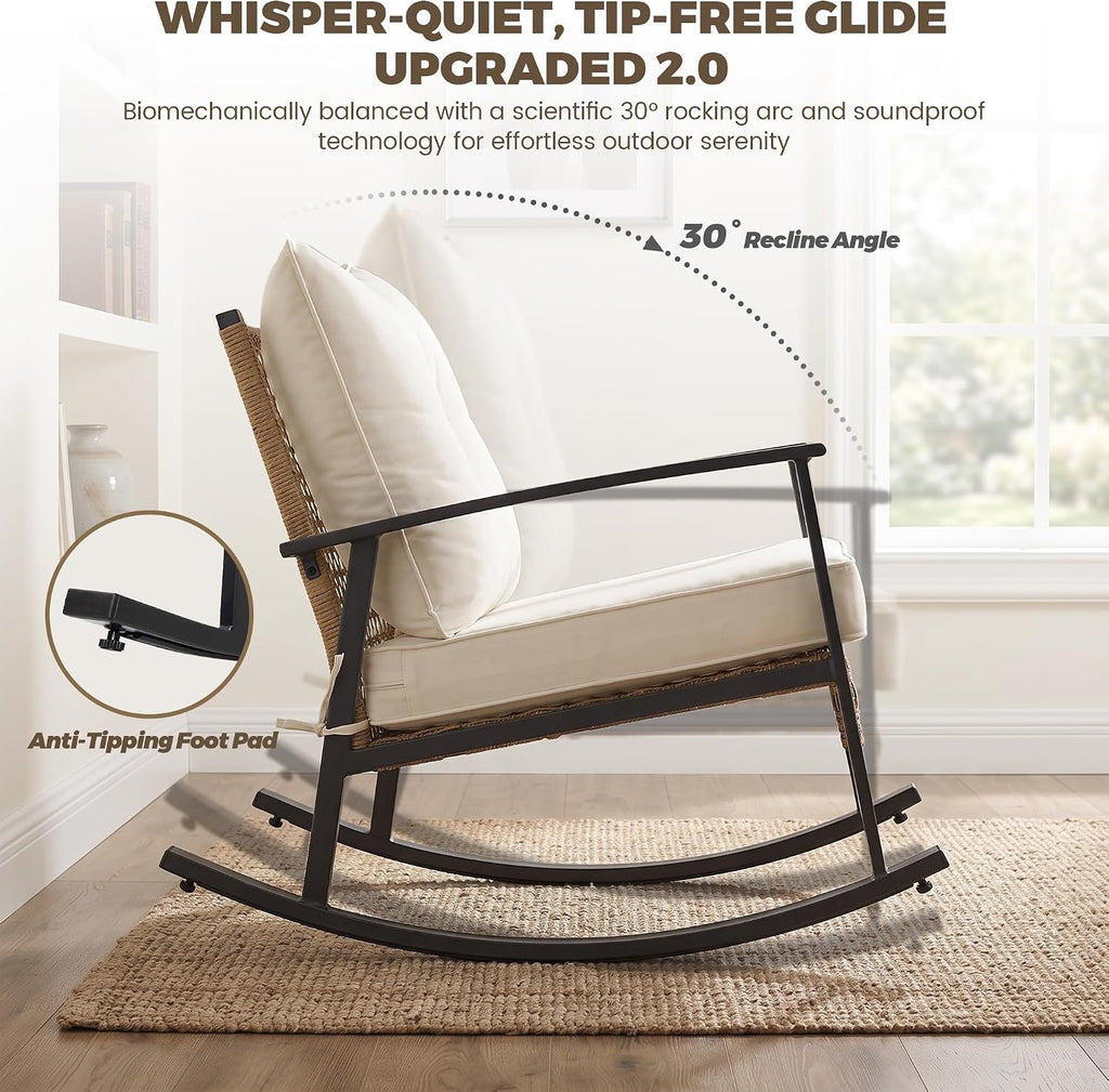 3-Piece Patio Rocking Chairs Set of 2, Rocking Chair Bistro Set [Upgraded 2.0] & 2-Tier Coffee Table, Wicker Rocking