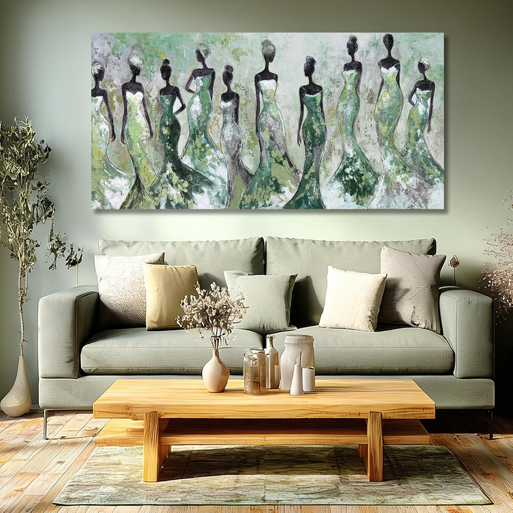 Green Abstract Figure Wall Art, Black Modern Horizontal Canvas Print, Aesthetic Fashion Artwork
