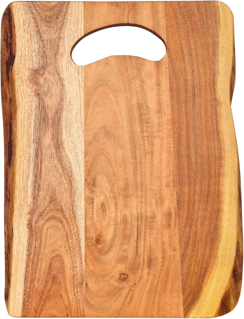 Acacia Wood Cutting Board with Oval Handle 14 x 11 Inch | Live Edge Cheese Board, Charcuterie Tray, Chopping and