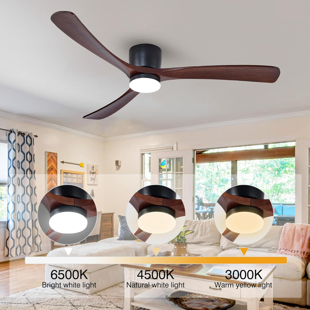 Modern 60 Inch Low Profile Flush Mount Ceiling Hugger Fan with LED Lights and Remote Control - 3 Wood Blades, Reversible DC Motor, 6 Speeds - Walnut and Matte Black