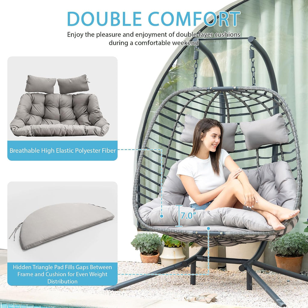 Double with Stand, Large Hand-Woven Wicker Rattan Hanging Egg Chair for 2 People, Porch Hammock Swing Loveseat with