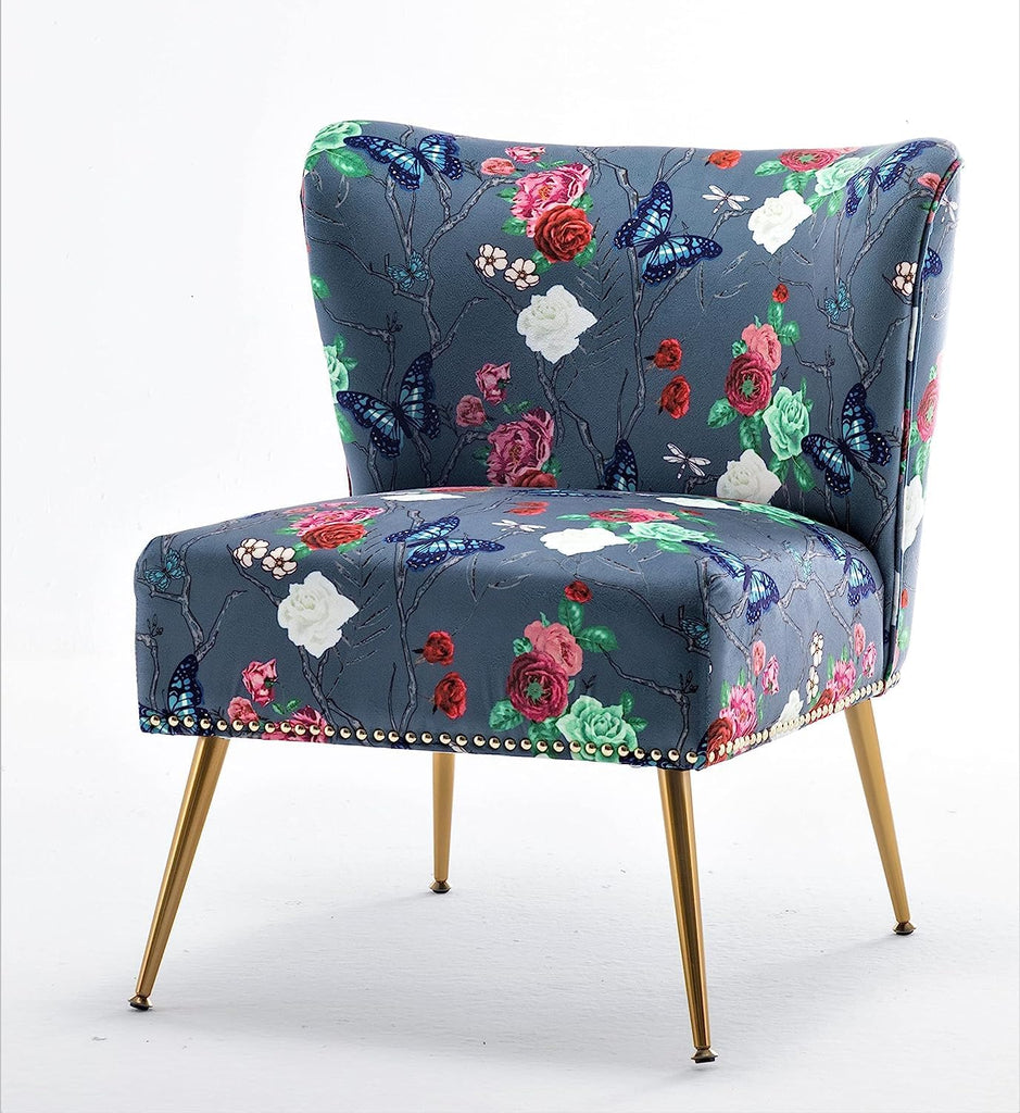 Thia Armless Accent Chair , Elegant Seat with Nailhead Trim, Gold Metal Legs and Comfortable Curved Back, 28" D x 25"
