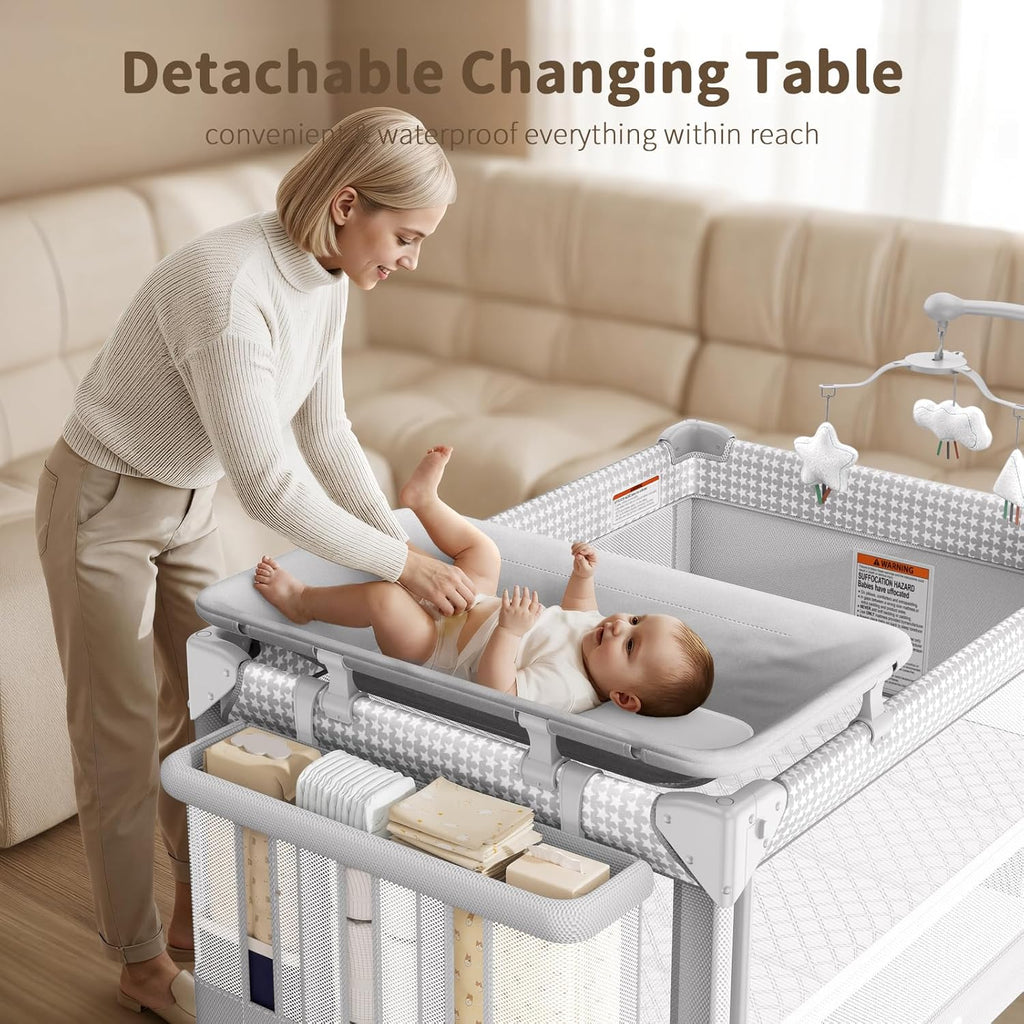 4 in 1 Baby Bassinet, One-Push Setup Pack and Play, Bedside Crib Sleeper with 3 Height Adjustable,Diaper Changer