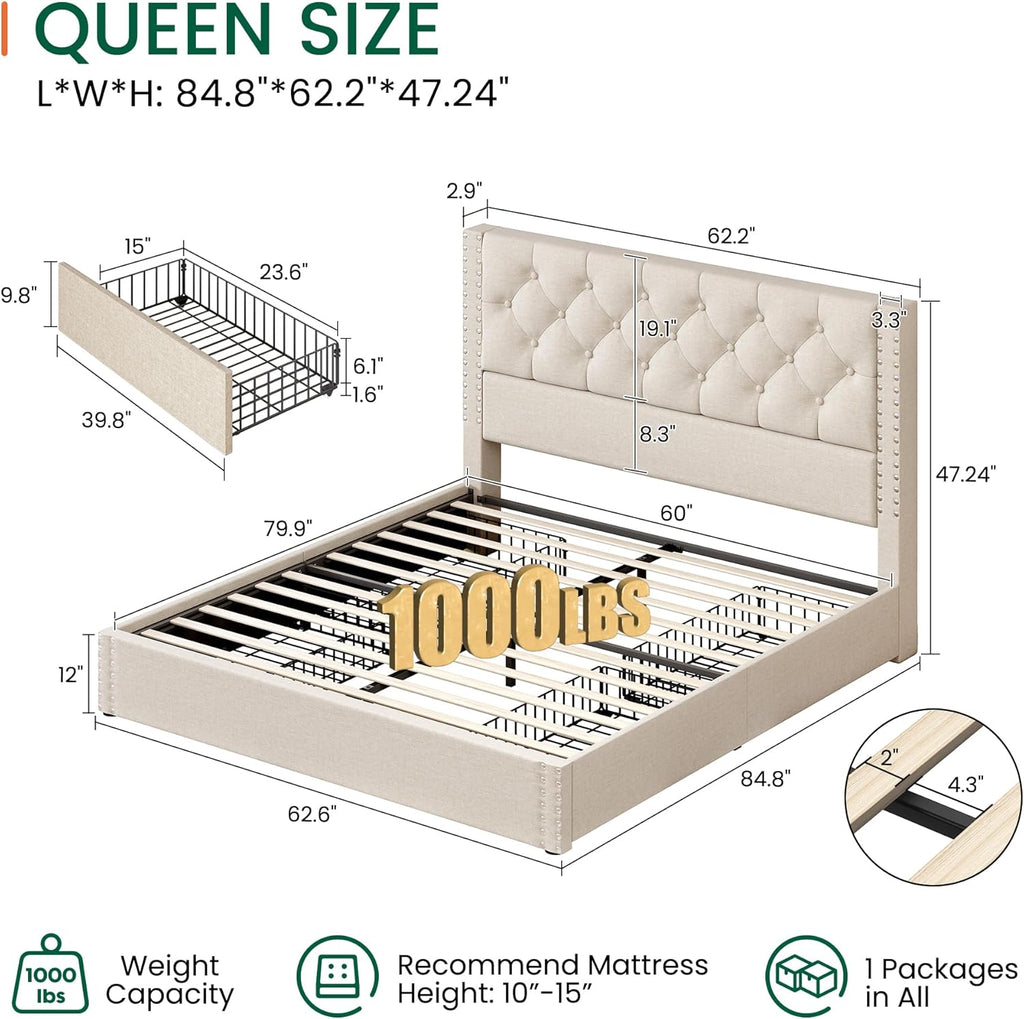 Queen Bed Frame with 4 Storage Drawers and Tufted Headboard Linen Upholstered Platform Bed Frame with Heavy Duty Wood