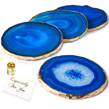 Blue Agate Coasters Set of 4, Brazilian Geode Coasters for Drinks with Gold Rim(4"-3.5"), Natural Gem Stone Coasters
