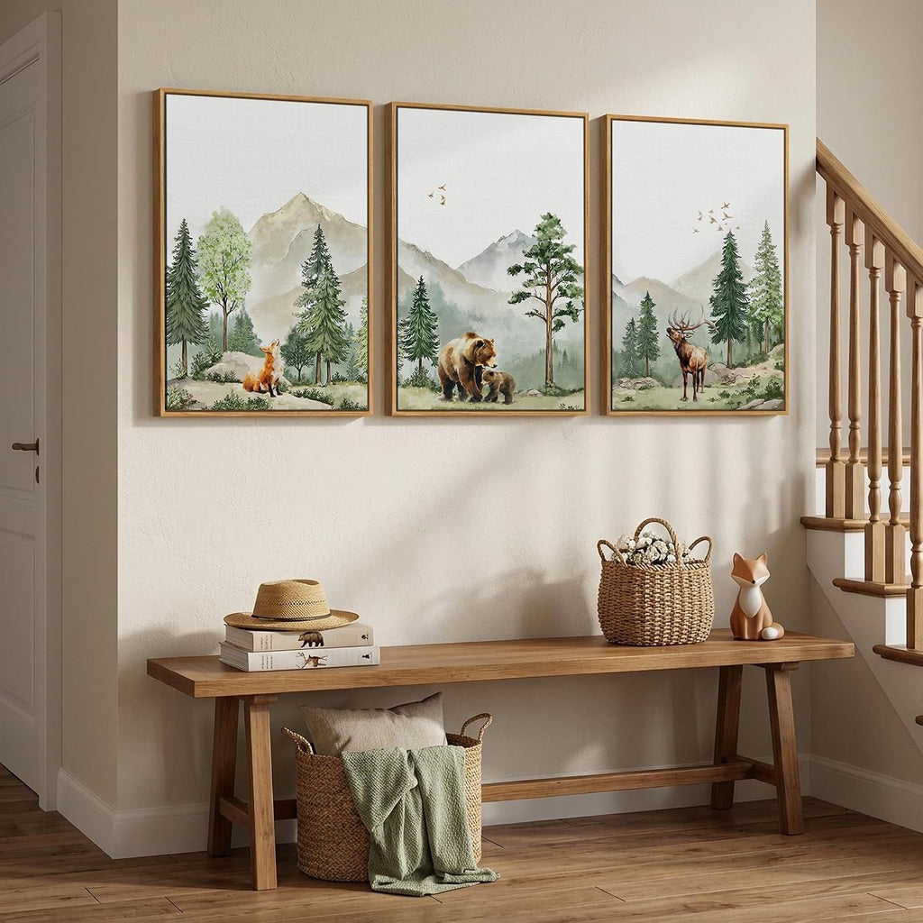 Framed Rustic Forest Animal Wall Art, 3 Piece Nature Landscape Deer Bear Fox Canvas Artwork for Modern Farmhouse