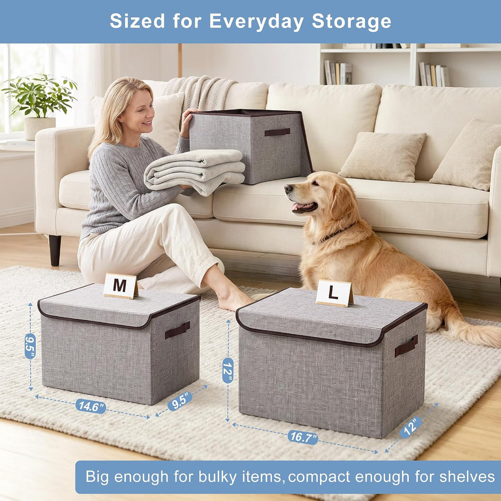 Large 22 Quart Linen Fabric Foldable Storage Bin Cube Organizer Basket with Flip-Top Lid & Handles, Clothes Blanket