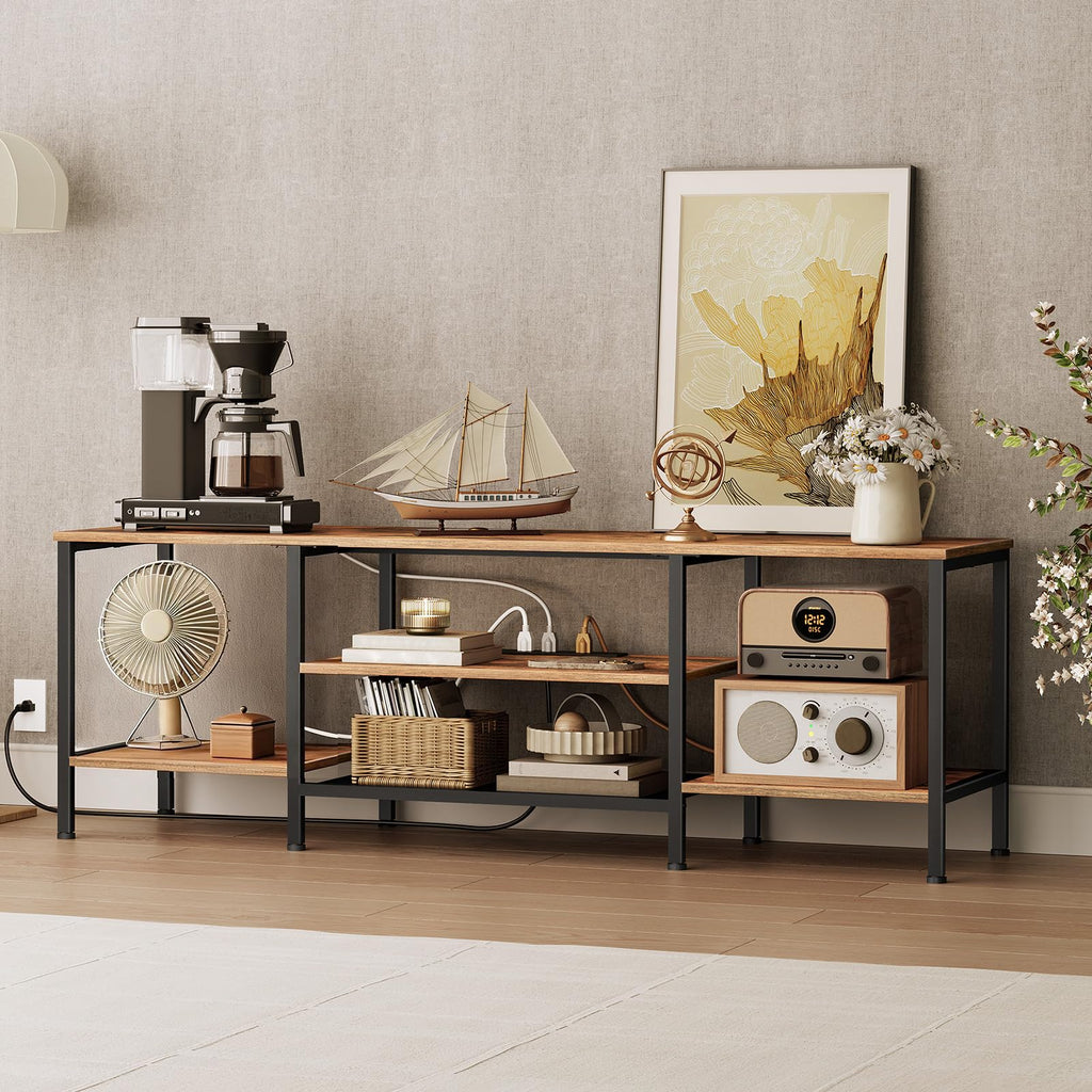 TV Stand with Power Outlets to 75 Inches, TV Console Table with Open Storage Shelves Cabinet, Industrial Media