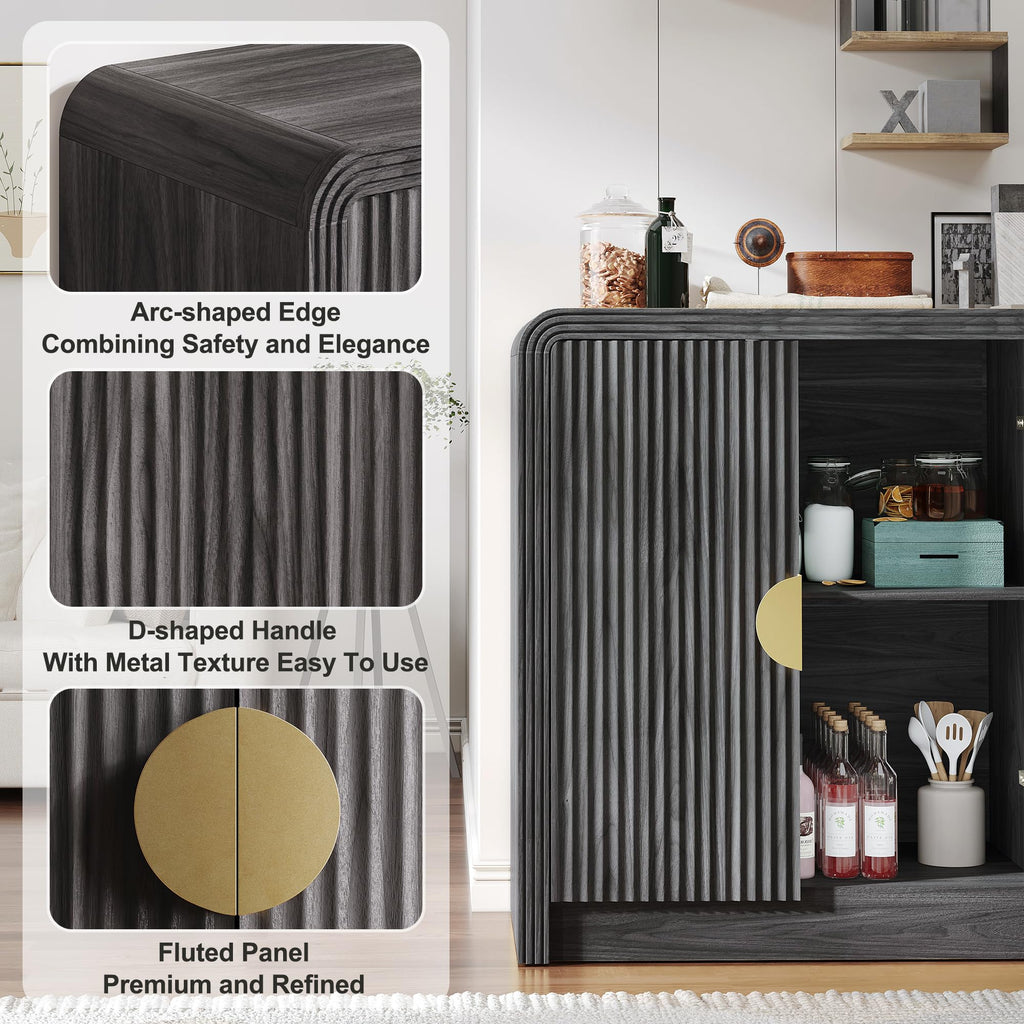 55" Fluted Buffet Sideboard Cabinet with Storage, Modern Mid-Century Buffet Cabinet with Adjustable Shelves, Coffee