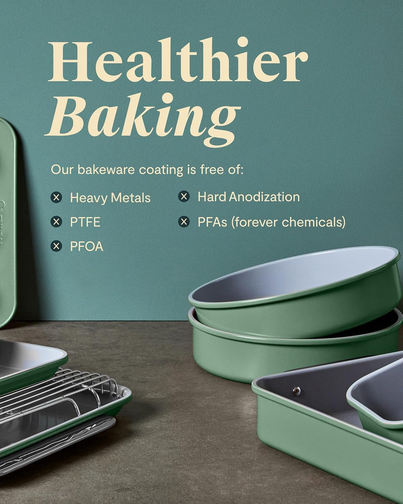 11-Piece Non-Stick Ceramic Bakeware Set | Sheets, Assorted Pans, Cooling Rack, Storage, Aluminized Steel Body