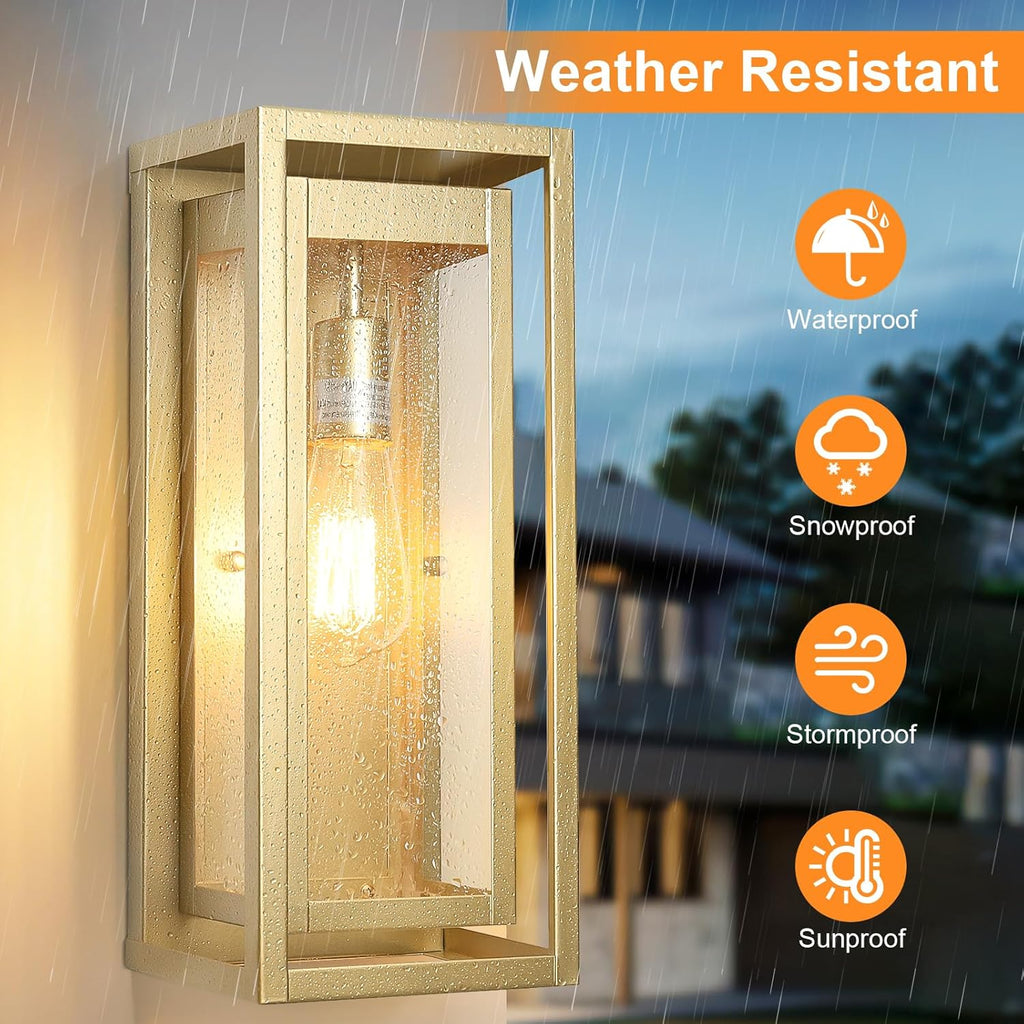 15" Large Gold Outdoor Light Fixture Wall Mount, 2 Pack Waterproof Outdoor Sconces, Modern Wall Lights with Clear Glass Shade for Front Door, Porch, Garage