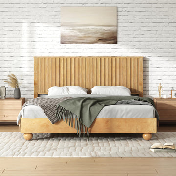 Queen Size Bed Frame with Reeded Headboard, Natural Wood Platform Bed Frame with Sturdy Wooden Support Slats, No Box