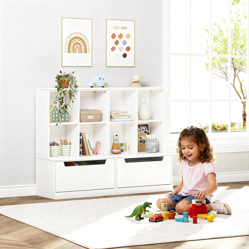 Kids Bookshelf and Toy Storage Organizer, Toddler Bookcase with Cubby | Adjustable Wood Shelf, Full-Width Drawer