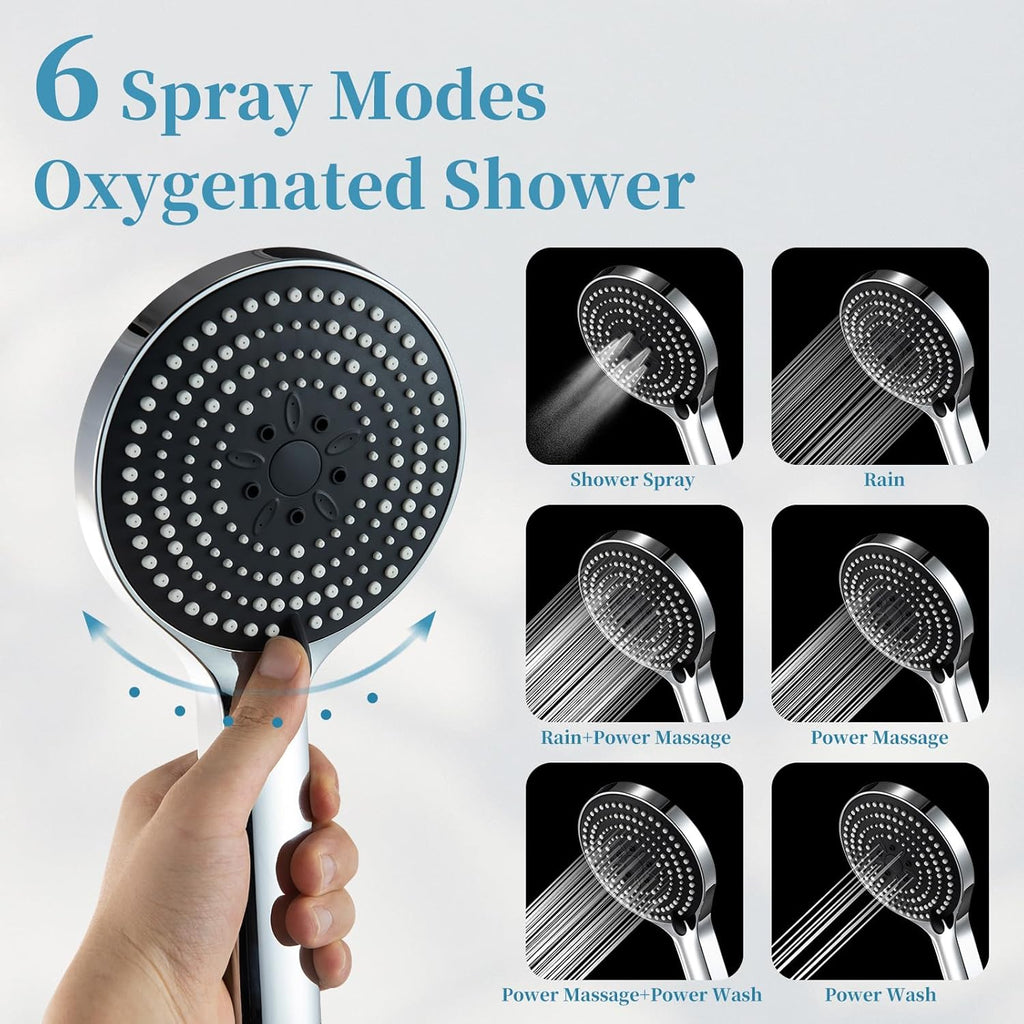 Handheld Shower Head, 6-Mode High Pressure Handheld Sprayer High Flow Large Powerful Boosting Handheld Showerhead for Low Water Pressure, Chrome Finish
