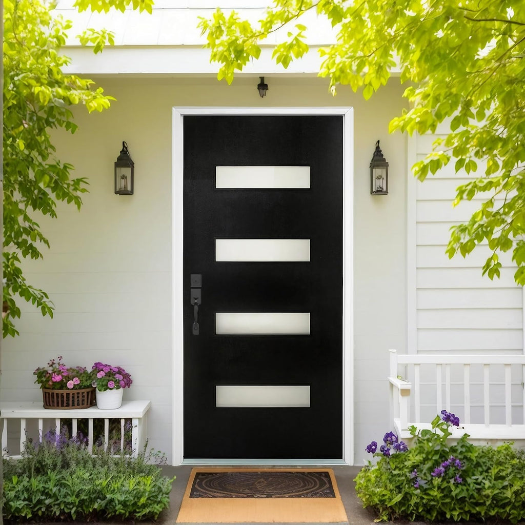 36" x 80" Fiberglass Front Entry Door, Frosted Glass, Wood Grain Black Finish, Solid Reinforced Core, Not Prehung