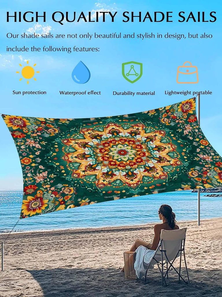 Boho Flower Sun Sail Shades Rectangle Canopy,Sunlight Block Heavy Duty Curved Backyard Shade Cover,Yellow Green