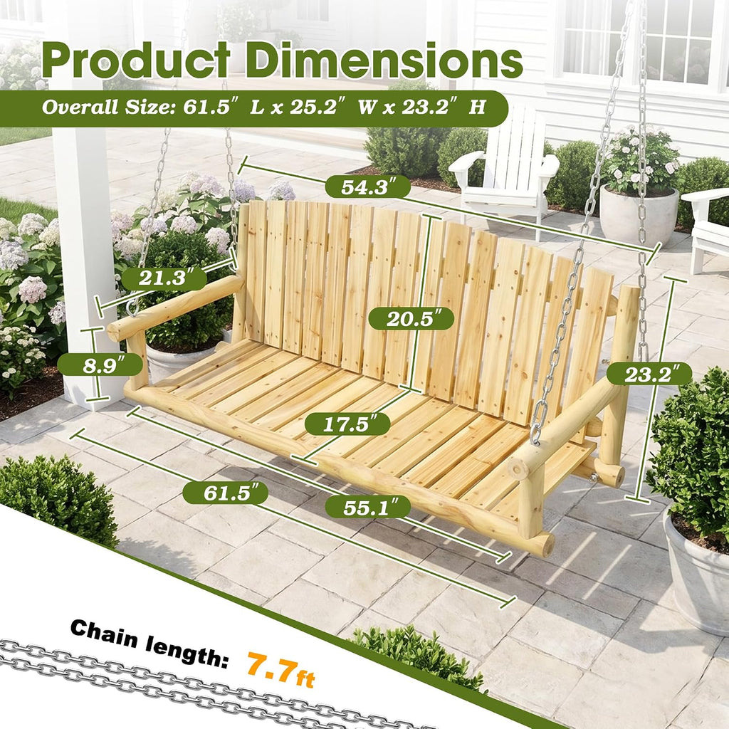 5FT Outdoor Wooden Porch Swing, 3 Person Patio Hanging Bench, Heavy Duty 900 LBS Swing Chair, Solid Fir Wood Porch