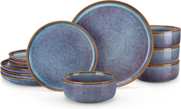 PLAYA Plates and Bowls Sets, 12 Pieces Grey-Blue Dinnerware SetsReactive Glaze Dishes Set for 4