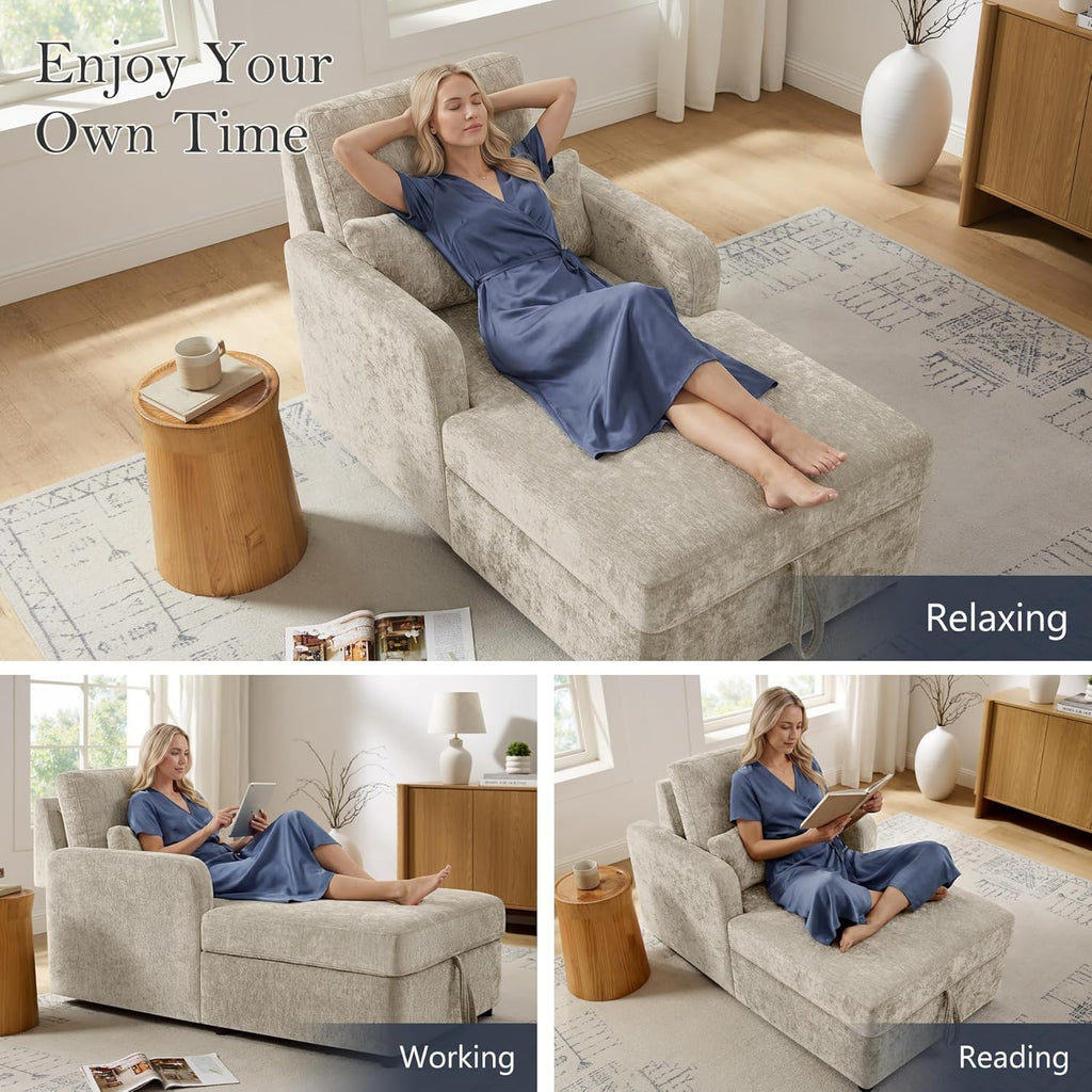 58" Oversized Chaise Lounge Chair with Storage, Chenille Camel | Adjustable Backrest, 2 Back Pillows, Comfy Reading