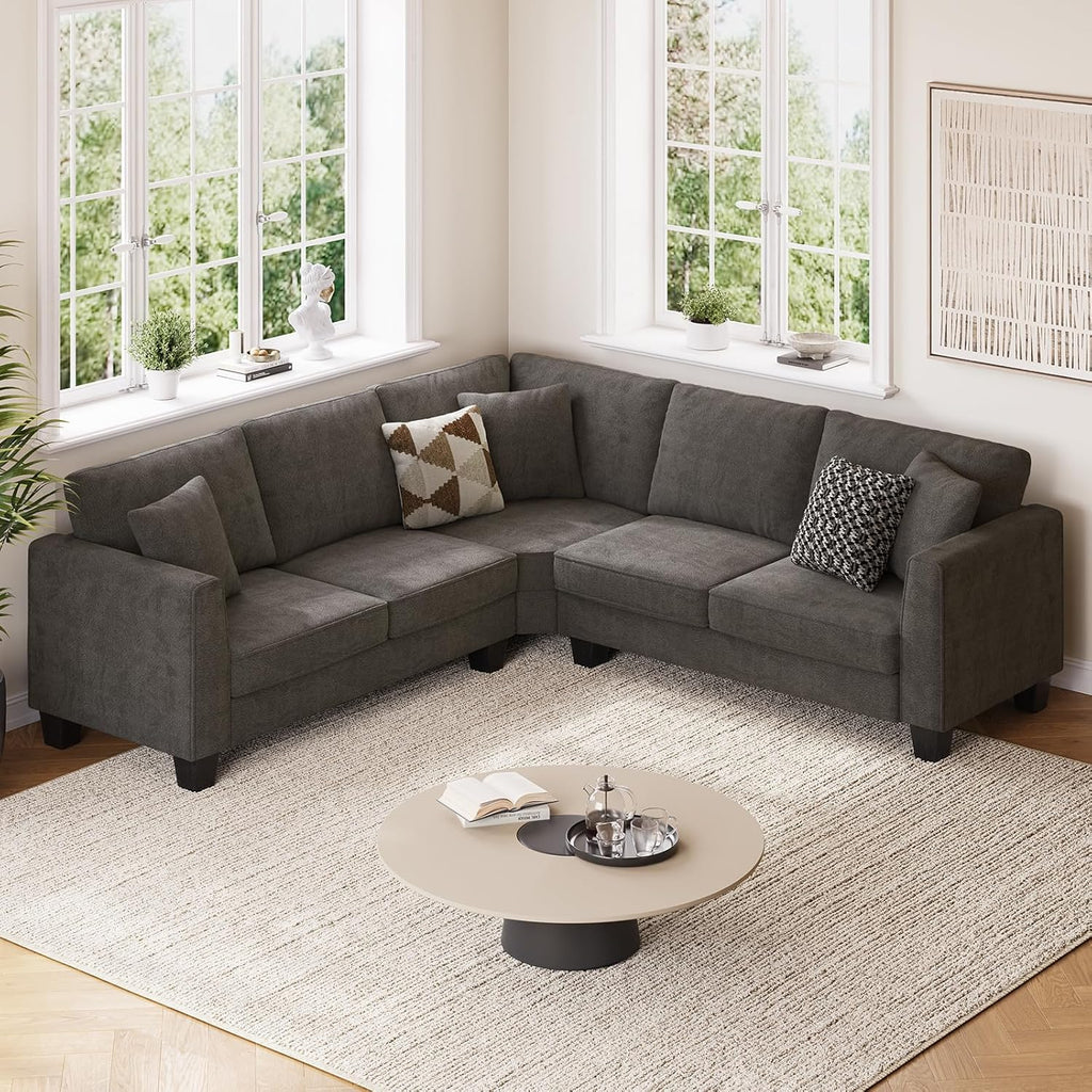 L Shaped Couch, Small Corner Sectional Sofa for Living Room, Comfy Chenille L Shape Sofa with 3 Throw Pillows