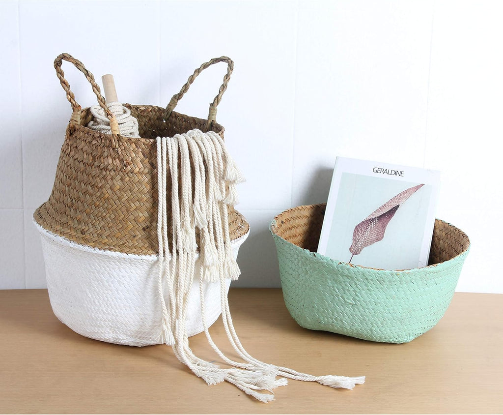 Woven Seagrass Belly Basket for Storage, Laundry, Picnic, Plant Pot Cover, and Grocery and toy storage (Medium, Black)
