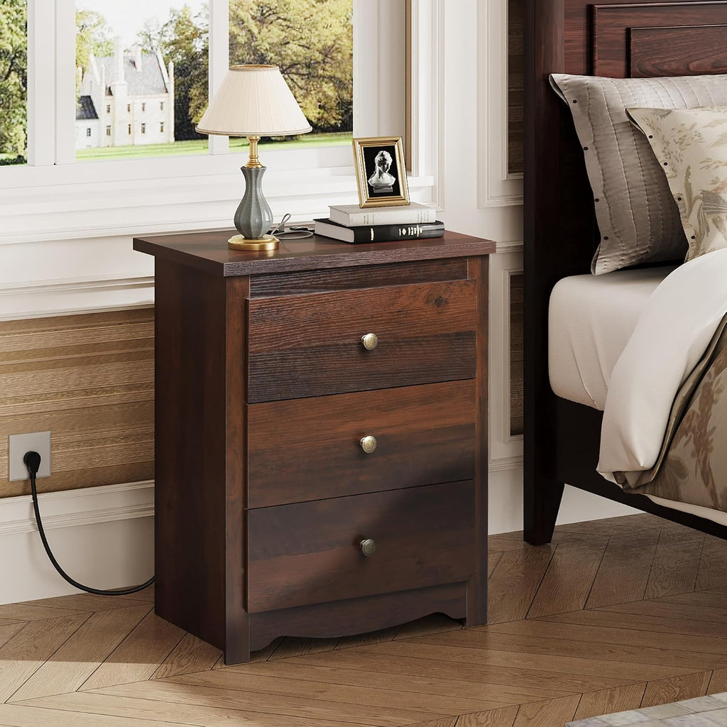 Tall Nightstand with Charging Station, Wood Night Stand with 3 Drawers Storage, Bedside Table End Side Tables with 2