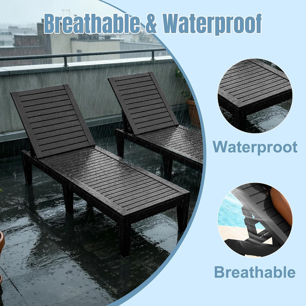 Lounge Chair Outdoor, Set of 2 High-Impact PP Tanning Chairs, Black | All-Weather UV-Resistant & Waterproof Patio
