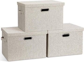 Large Quart Collapsible Stackable Storage Bins with Lids, 3 Packs Beige Linen Fabric Closet Boxes with Lids, Storage